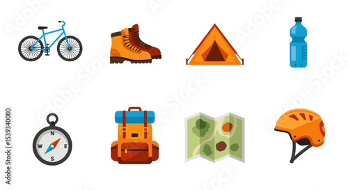 Illustration of various outdoor adventure and camping equipment items
