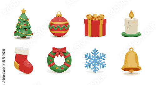 A festive assortment of christmas decorations lined up neatly here