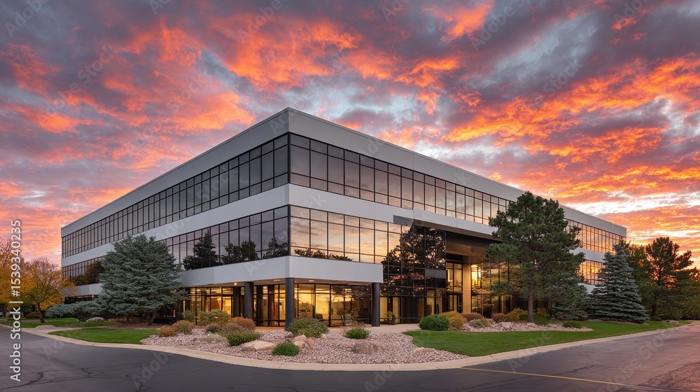 Obraz premium Modern, multi-story office building at sunset, featuring extensive glass windows, landscaped grounds, and a dramatic fiery sky