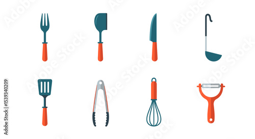Illustration of various kitchen utensils with orange handles shown here