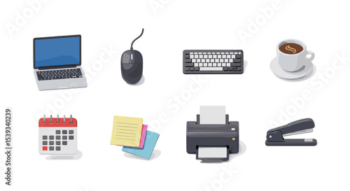 Illustration of office supplies including laptop and coffee cup set