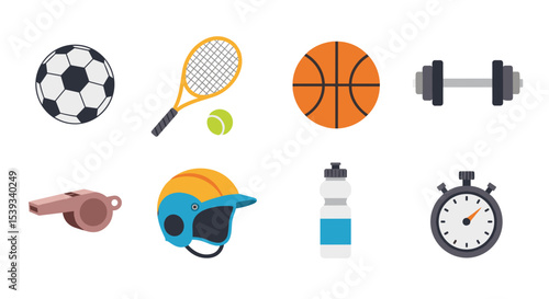 Collection of sports equipment including balls and fitness items