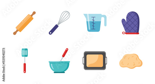 Illustration of various baking tools and ingredients on a white background