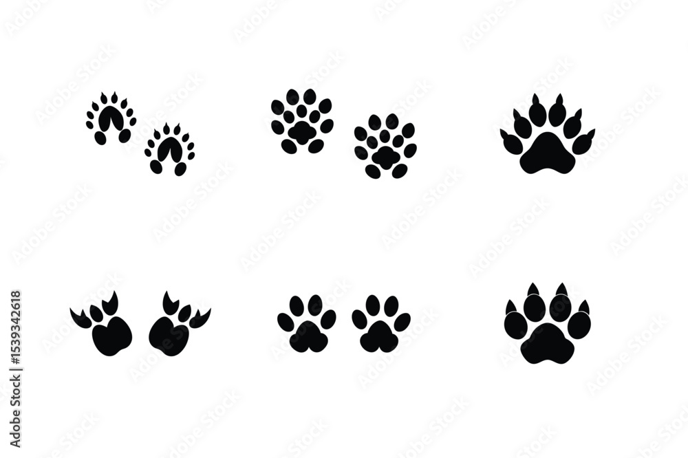 Fototapeta premium Animal Footprints Silhouette Set Tracking Wildlife Mammals Illustration for Educational Resources and Conservation Efforts