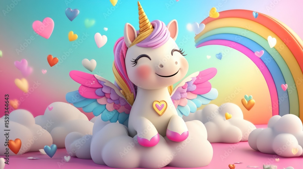 Cute unicorn on cloud, hearts, rainbow scene Cute unicorn on cloud, hearts, rainbow scene