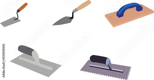 Vector illustration of masonry and plastering hand tools including trowels, floats, and spreaders with different handle and blade styles