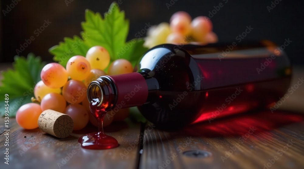 Obraz premium A bottle of red wine rests on a wooden surface, spilling onto the table next to a cluster of ripe grapes and a wine cork.