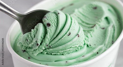 Mint Chocolate Chip Ice Cream: A close-up shot of a refreshing scoop of mint chocolate chip ice cream in a container, perfect for dessert. 