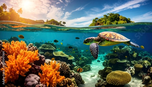 Fototapeta Naklejka Na Ścianę i Meble -  Sea Turtle with Coral Reef, and Tropical Island.