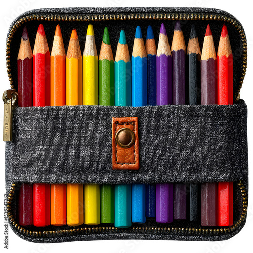 Pencil case unzipped, colored pens spilling out, isolated on transparent background