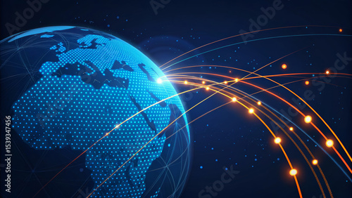 AI support for financial institutions. Digital globe with data connections and glowing lines. AI for customer service.