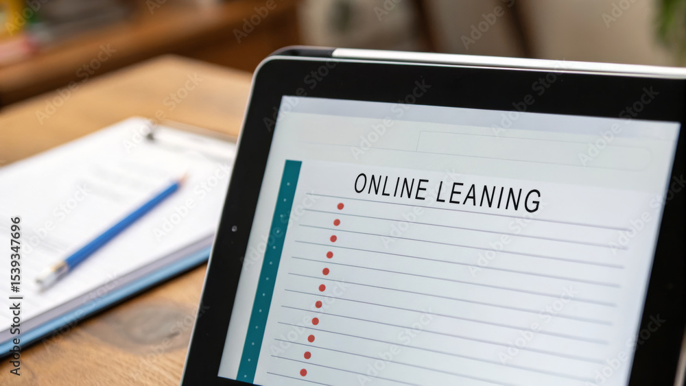 Senior citizen online education concept. Tablet displaying online learning notes on a desk. Online learning. Senior citizen online education concept. Tablet displaying online learning notes on a desk. Online learning.
