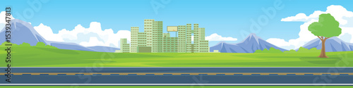 Horizontal view of Asphalt road. Large city in the heart of a valley. Bright green grassland hills in front with trees. The background is full of rolling hills. Thick white clouds under the blue sky.