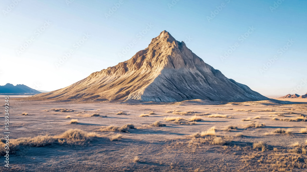 Naklejka premium Majestic mountain peak rises above the arid landscape under a clear blue sky, showcasing nature's beauty and rugged terrain.