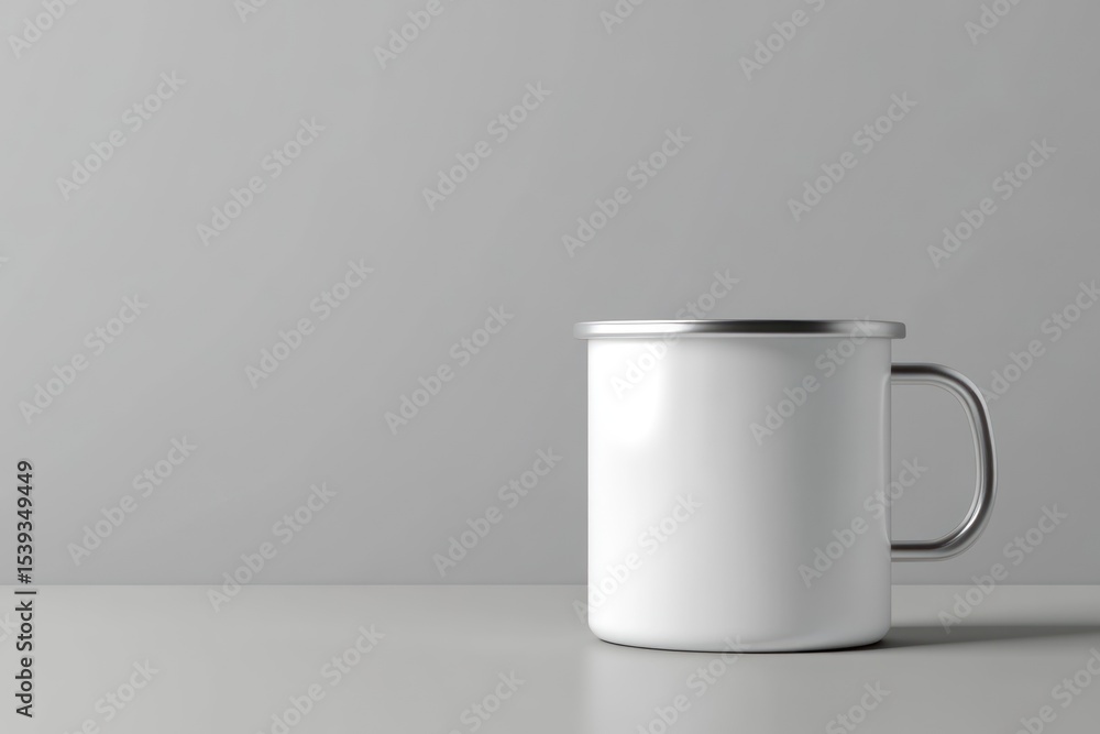 Obraz premium Plain white enamel mug against grey backdrop