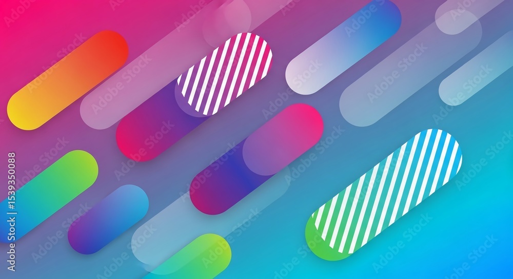 A vibrant, gradient background in hues of pink, purple, and blue, overlaid with a diagonal arrangement of colorful, rounded rectangles, some with striped patterns and translucent effects, creating a m A vibrant, gradient background in hues of pink, purple, and blue, overlaid with a diagonal arrangement of colorful, rounded rectangles, some with striped patterns and translucent effects, creating a m