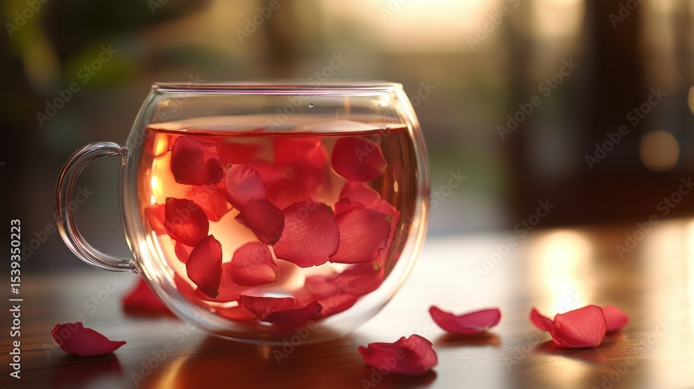 Clear glass cup filled with warm pink rose petal infused herbal tea with floating petals on a wooden surface in natural sunlight for a cozy relaxing beverage scene Clear glass cup filled with warm pink rose petal infused herbal tea with floating petals on a wooden surface in natural sunlight for a cozy relaxing beverage scene