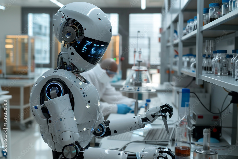 An advanced humanoid robot engaged in a high-tech experiment in a clean, modern lab. The robot and scientists interact through holographic screens and robotics equipment. An advanced humanoid robot engaged in a high-tech experiment in a clean, modern lab. The robot and scientists interact through holographic screens and robotics equipment.