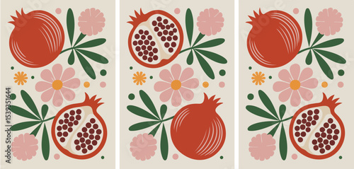 Stylized botanical illustration with pomegranates flowers and leaves in a repeating pattern