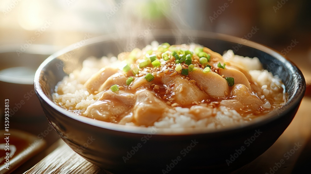 Delicious Asian-style rice porridge served in a black bowl topped with savory meat sauce, garnished with chopped green onions, with a warm and cozy kitchen background Delicious Asian-style rice porridge served in a black bowl topped with savory meat sauce, garnished with chopped green onions, with a warm and cozy kitchen background