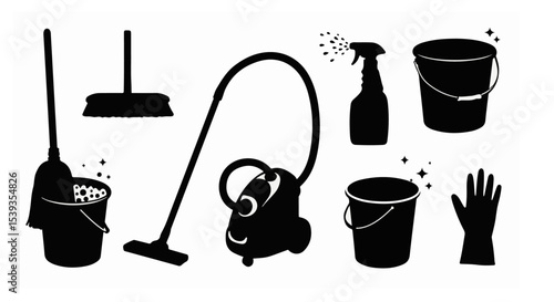 Cleaning Supplies Icons Set: Mop, Bucket, Vacuum, Spray Bottle, and Glove Silhouettes for Cleaning Service or Housekeeping Business