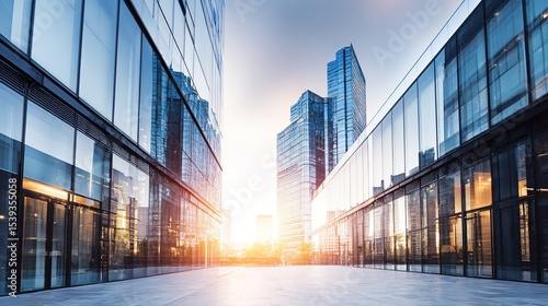 Modern cityscape at sunrise, showcasing towering glass skyscrapers flanking a wide plaza; sunlight streams between buildings, creating a vibrant, dynamic urban scene