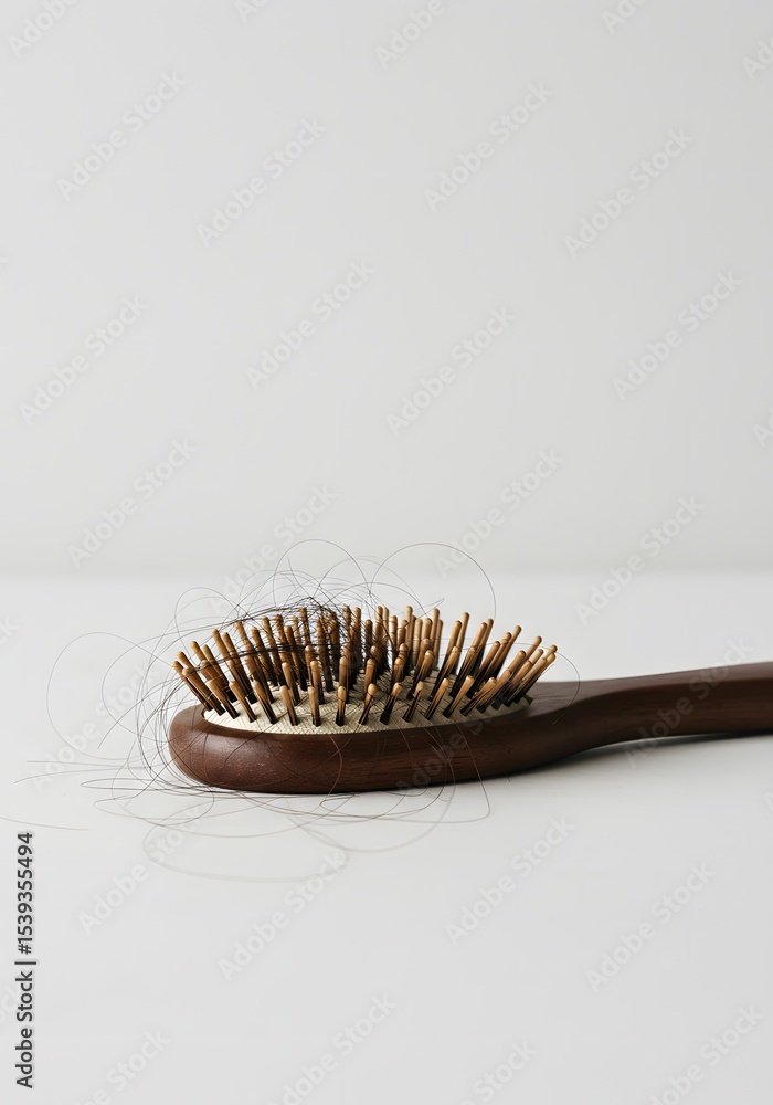 Obraz premium Hair loss concept. Hair tangled in a comb. wooden hairbrush isolated on white.