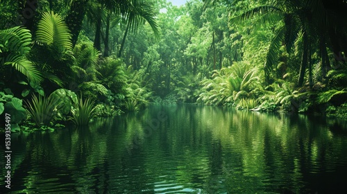 Lush tropical rainforest with dense greenery, vibrant plant life, and calm river flowing through the jungle, showcasing untouched natural wilderness and biodiversity