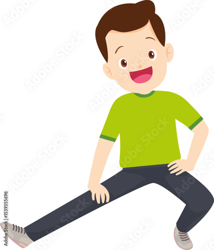 Happy Stretching Man: A cheerful young man in a lime green shirt and dark trousers performs a leg stretch, radiating health and fitness.