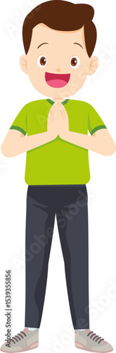 Happy Boy in Green Shirt: A cheerful young boy with short brown hair smiles warmly, his hands clasped together in a gesture of politeness or gratitude, standing against a white background.
