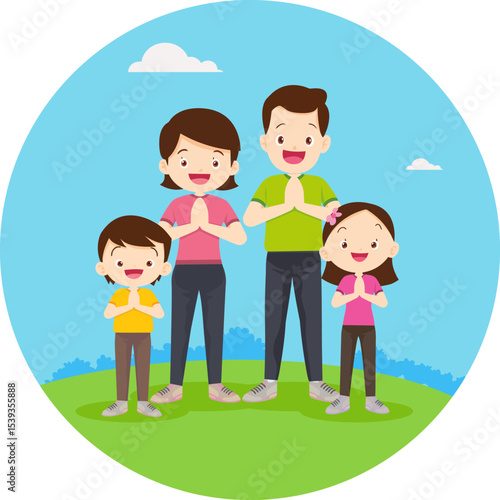 Family in Circle: A close-knit family of four stands together on a sunny day. A harmonious group of mother, father, son, and daughter show family love. They pose as a united, joyful, and loving unit.