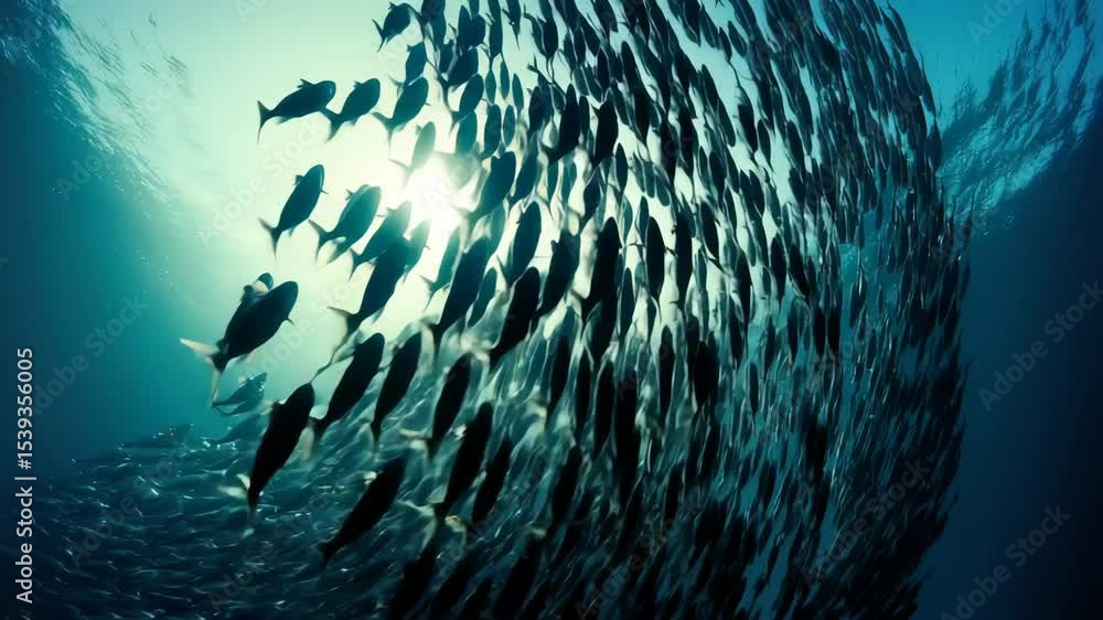Underwater video of a fish school swimming in unison, captured from a low-angle, highlighting the sunlight filtering through the water. Live desktop wallpaper.