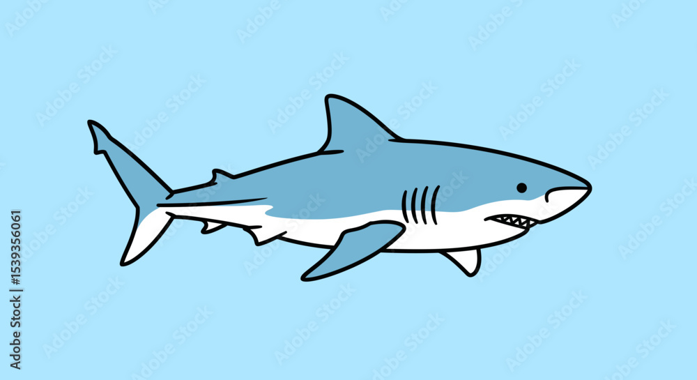 Fototapeta premium Cartoon shark swimming with outline on blue backdrop