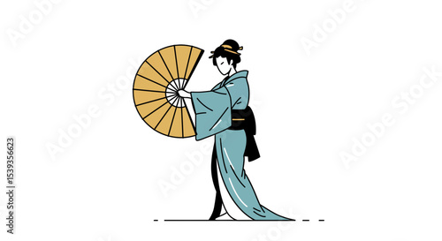Japanese dancer with fan performing traditional art