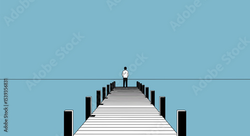 Person on pier minimalist concept, light blue background