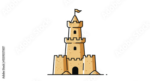 Sand castle with flag on a blue background