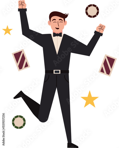 Gambler's Joy: A cheerful individual, attired in a sophisticated suit, leaps with elation as playing cards and casino chips surround him, symbolizing a momentous victory.