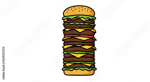 Towering burger with many patties and ingredients