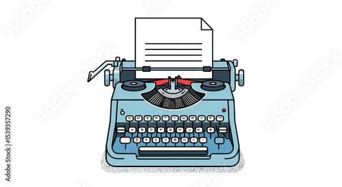 Vintage typewriter with paper on blue background