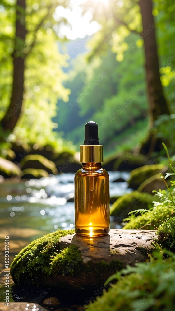 Amber oil bottle with forest stream. Amber oil bottle with forest stream.
