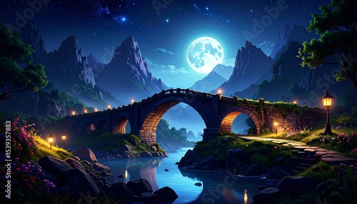 Moonlit Stone Bridge with Mountain River.