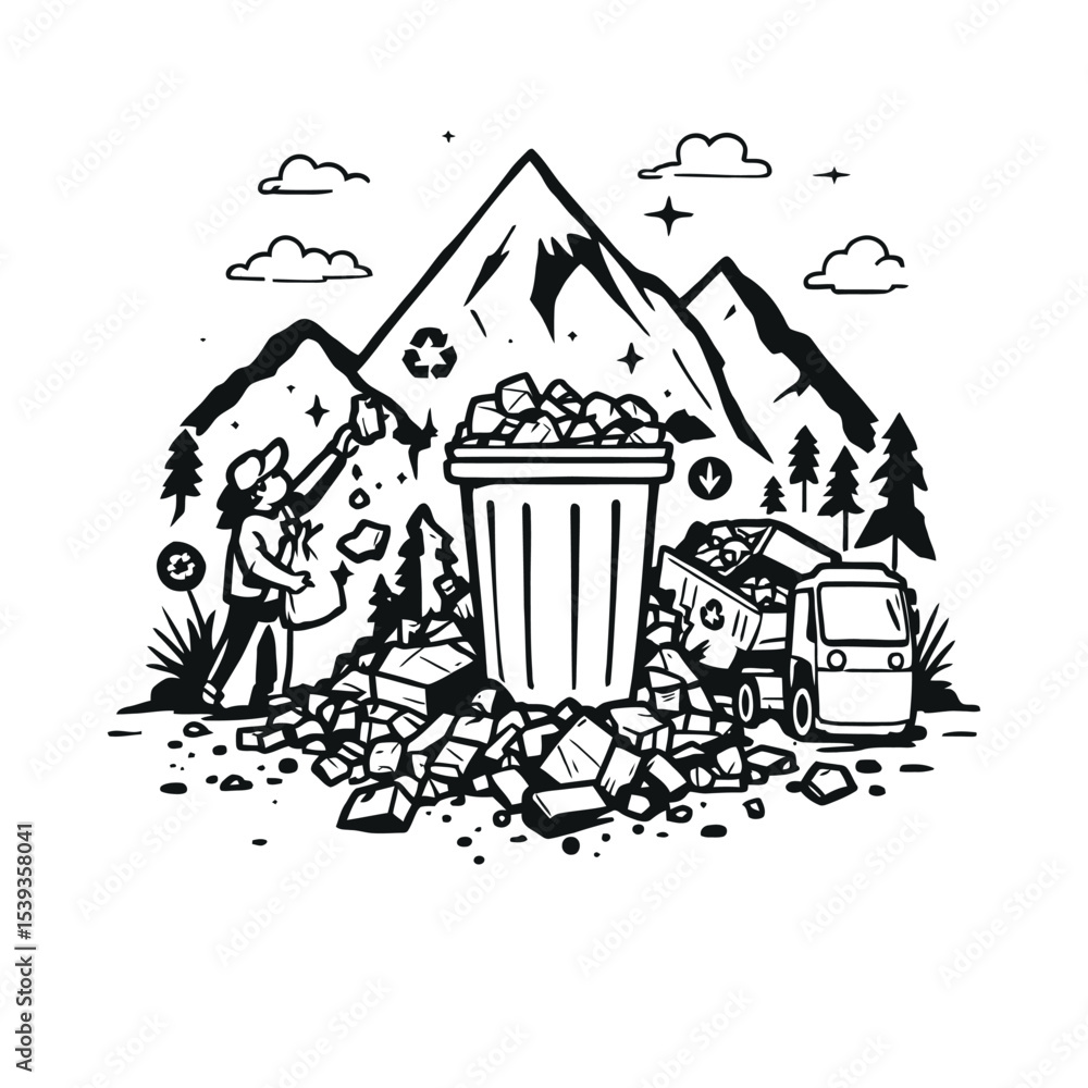 Fototapeta premium Person Collecting Debris in Nature with Recycling Truck Nearby, Black Line Vector Emphasizing Waste Management, Cleanup, and Eco Responsibility
