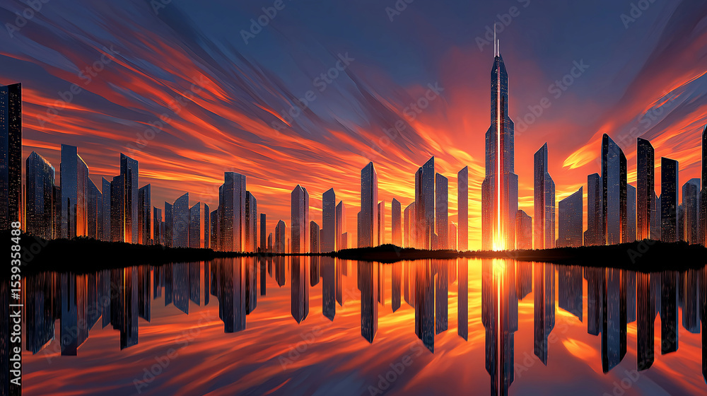 Skyline Silhouette at Dusk: A breathtaking cityscape silhouette, with the skyline elegantly mirrored in tranquil waters, is kissed by a dramatic sunset. Skyline Silhouette at Dusk: A breathtaking cityscape silhouette, with the skyline elegantly mirrored in tranquil waters, is kissed by a dramatic sunset.