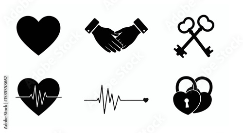 Romantic Love Icons Set Heartbeat Keys Locks Handshake Graphic Design Elements