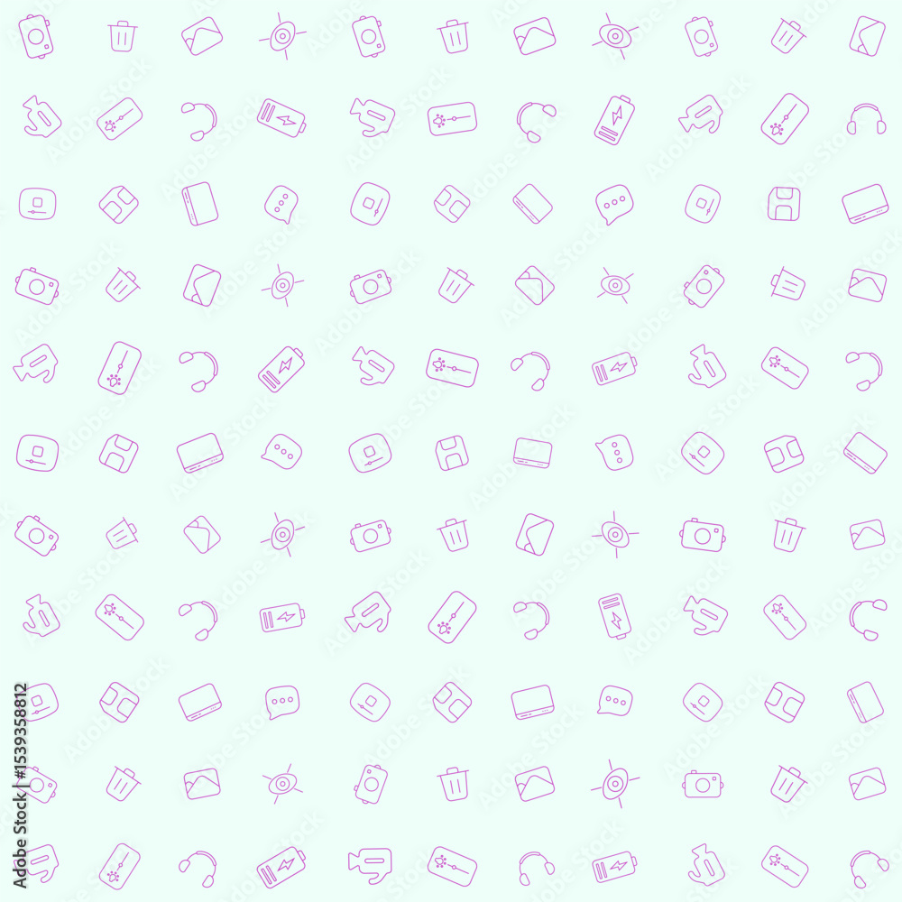 Vector pattern of camera, trash bin, photo viewer, face scanner, video recorder, brightness control, headphone, battery, video player, HDD, monitor, and chat. For UIUX themes Vector pattern of camera, trash bin, photo viewer, face scanner, video recorder, brightness control, headphone, battery, video player, HDD, monitor, and chat. For UIUX themes