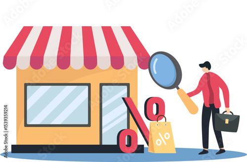 Discount Investigation at the Storefront: An illustration captures a person intently examining a store, magnifying the potential for discounts and savings, symbolizing the art of savvy shopping.