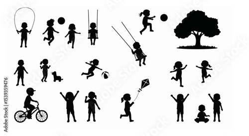 Playful Children Silhouettes Enjoying Outdoor Activities Swinging Kite Riding Bikes