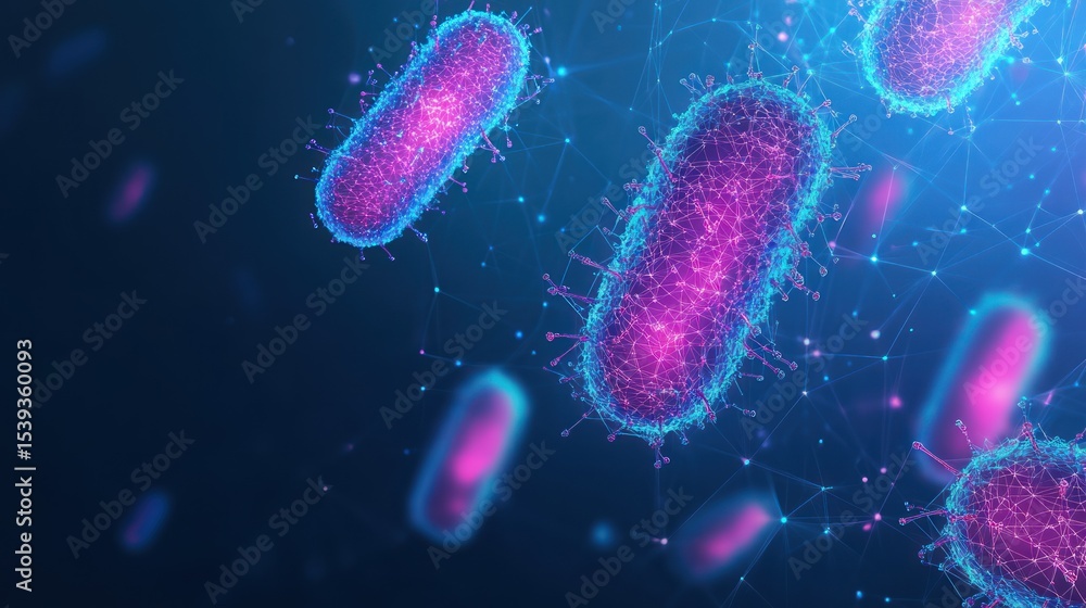 Digital rendering illustrating a cluster of vibrant glowing bacterial organisms Digital rendering illustrating a cluster of vibrant glowing bacterial organisms