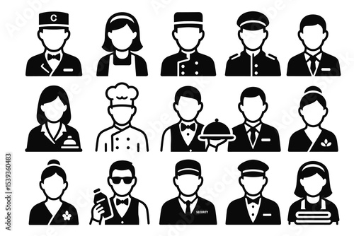 Icon set of hotel staff: concierge, chef, maid, waiter, security