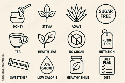 Healthy sweeteners and dietary icons: honey, stevia, agave, and sugar-free labels